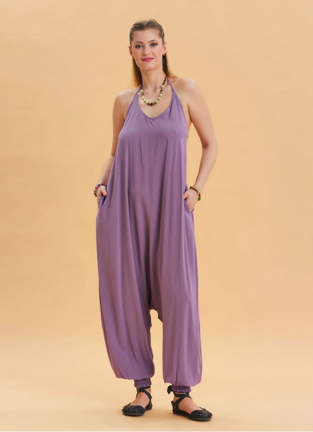 Lilac Bohemian Jumpsuit with Elasticated Legs and Tied Neck 4486